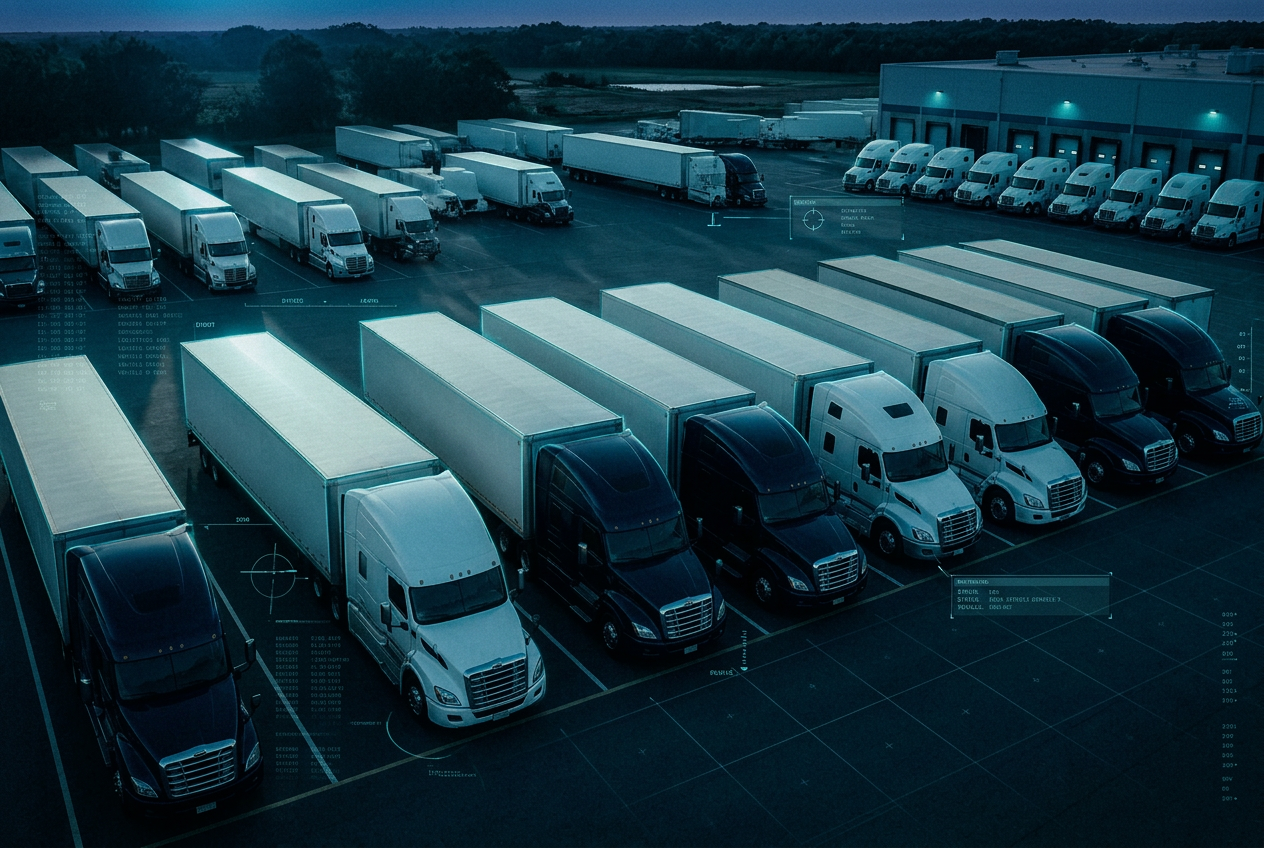 Aerial view of modern semi-trucks and trailers at a logistics yard