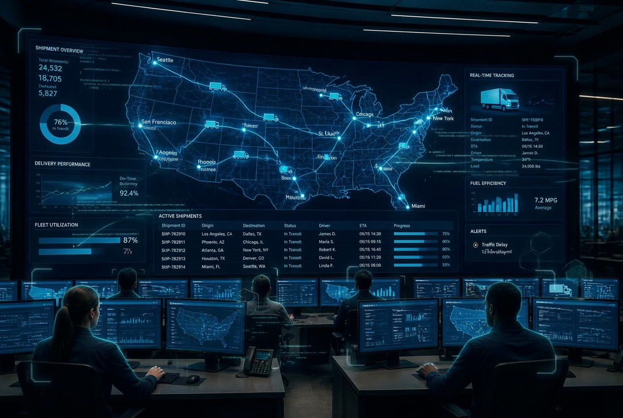 Modern logistics command center with digital route maps and real-time tracking dashboards