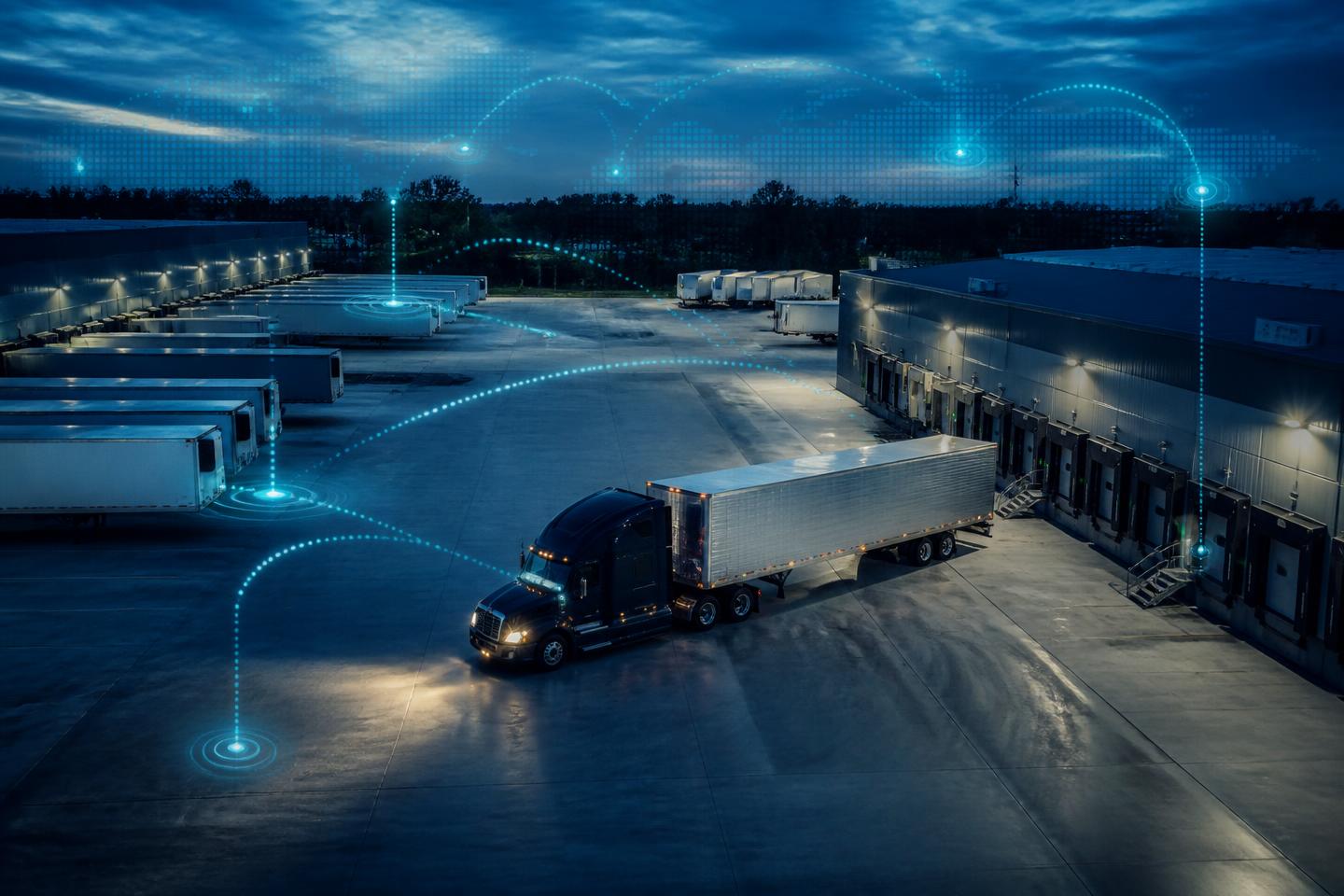 Semi-truck tractor hooking up to a pre-loaded trailer in a power-only drop-and-hook yard